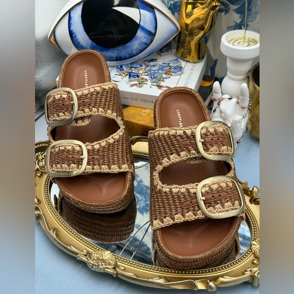 🆕 LOEFFLER RANDALL 🧿 NWOB Theo Embroidered Raffia Platform Sandal, Brown Sz 7